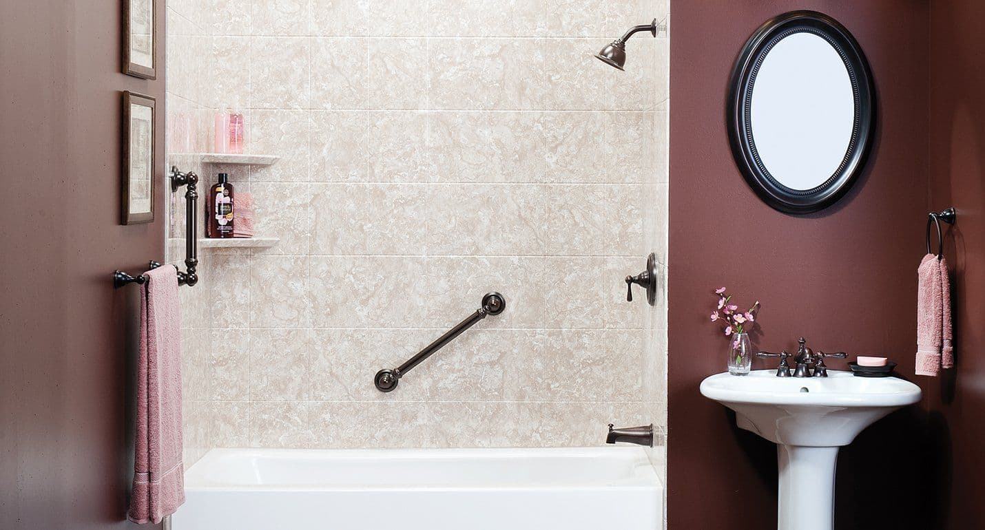 A photo of an Aruba Brown marbled tiled shower tub combination.