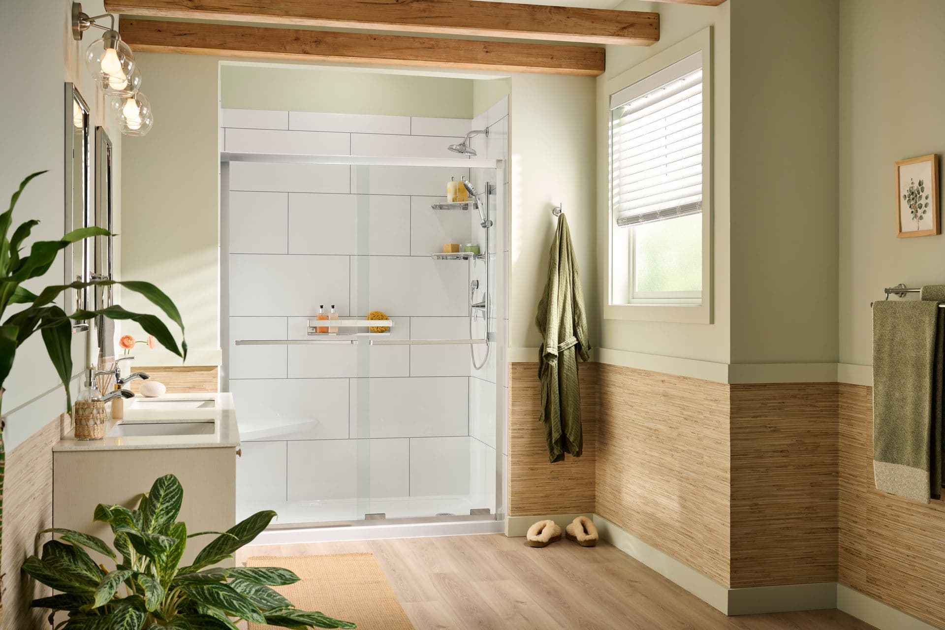 A photo of a BathWraps Alabaster White Textured Grout shower with an angled shower bench and sliding doors.