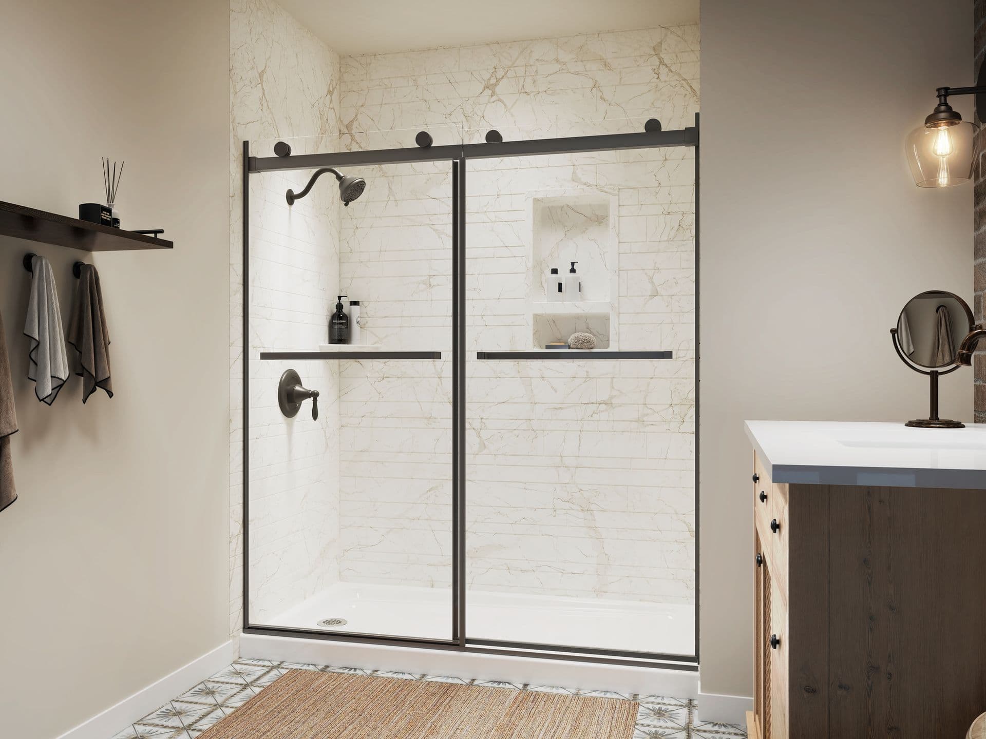 A photo of a Cafe Marble shower with black trimmed sliding shower doors