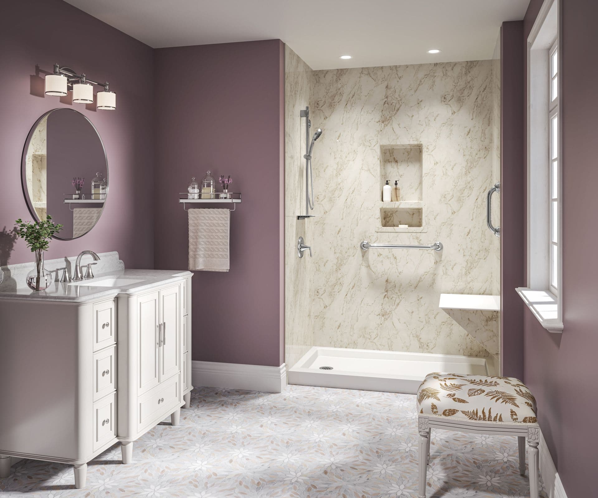 A photo of a bathroom with a vanity and sink, Coastal Sands shower, and a bench.