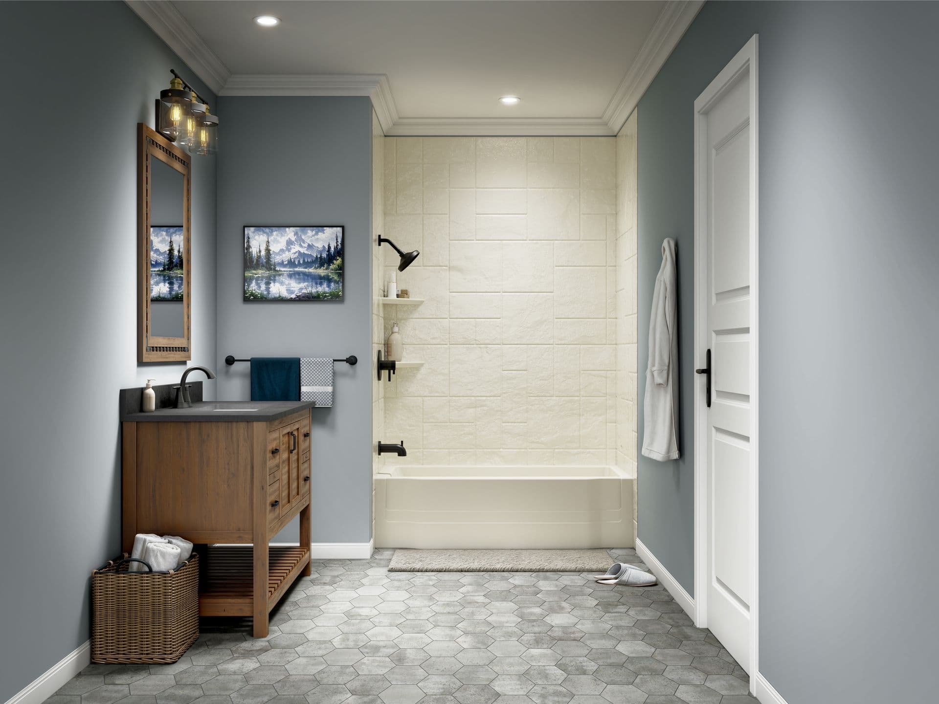 A straight on photo of the Quarry Topaz combination shower bath.