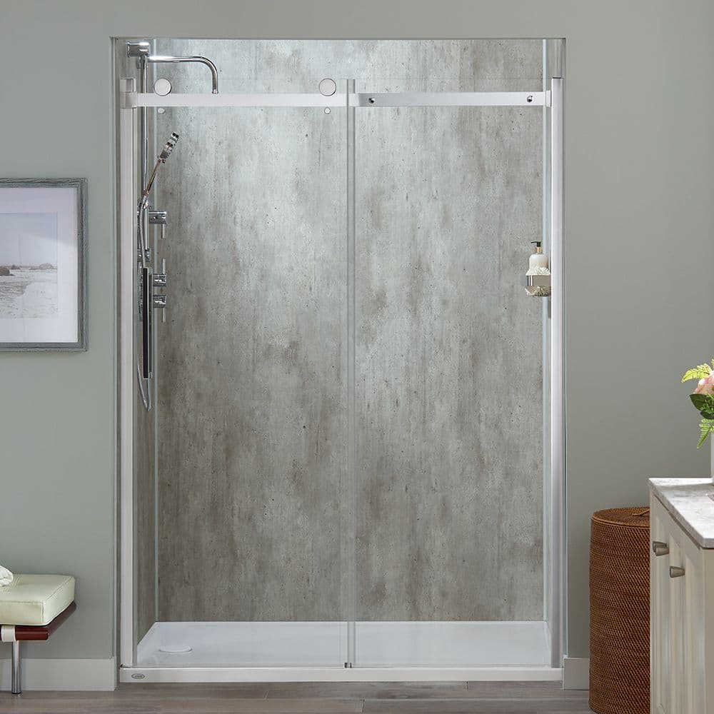 A straight-on photo of a Midrange BathWraps Exposed Roller Door Chrome shower with Farm Walls and Matte Extrusions.