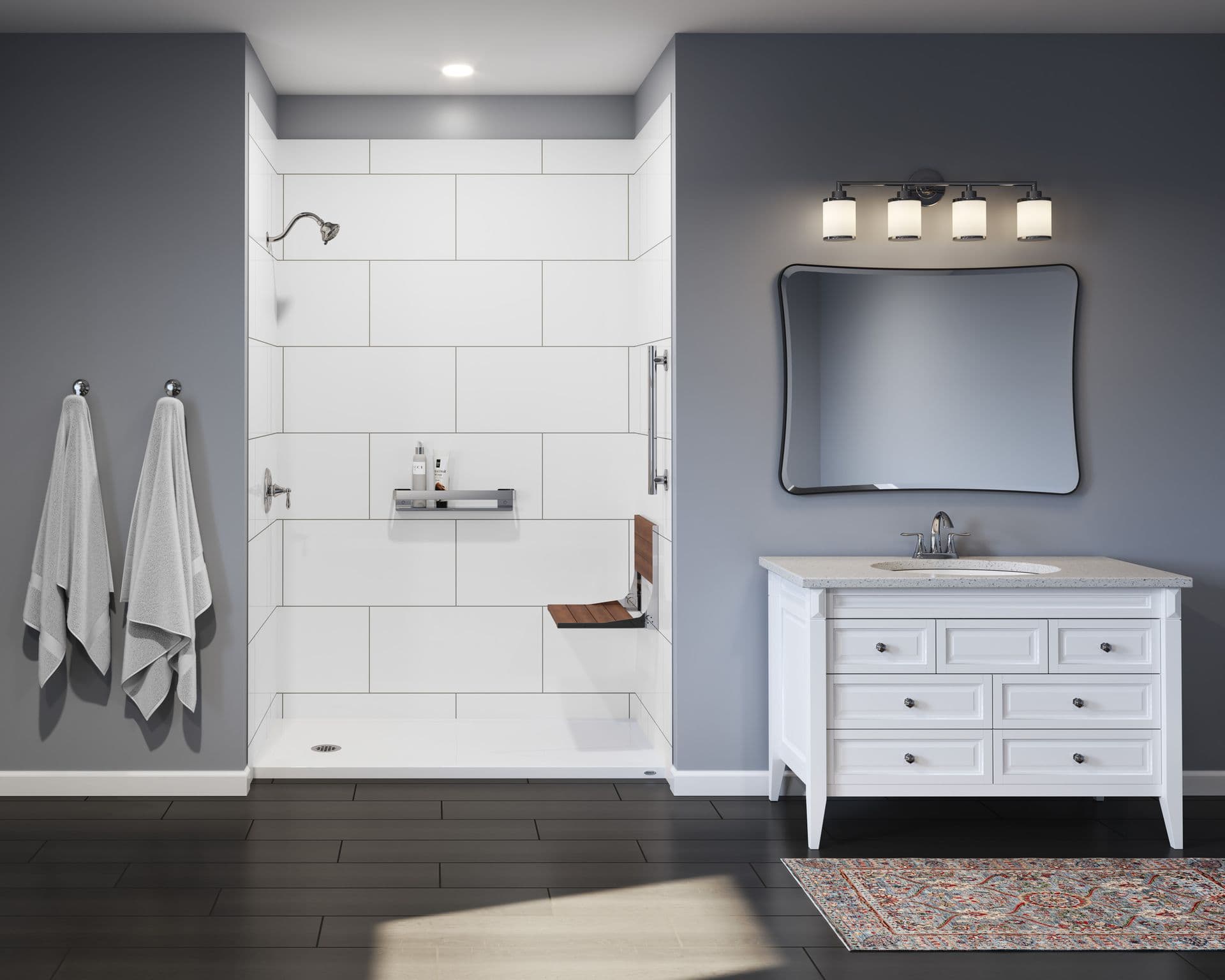 A straight on photo of Horizontal Grout Walls with Alabaster White Shower