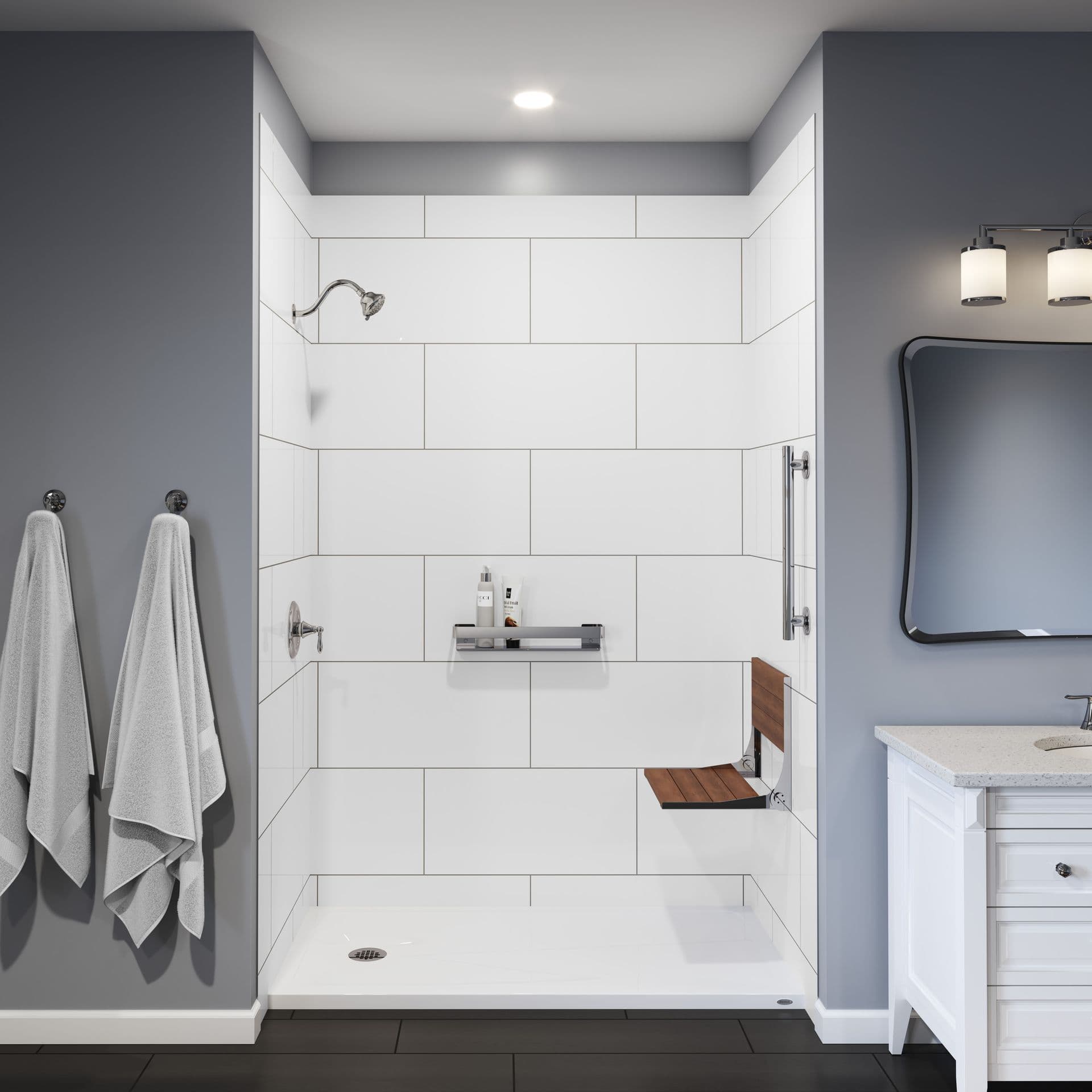 A close up photo of Horizontal Grout Walls with Alabaster White Shower