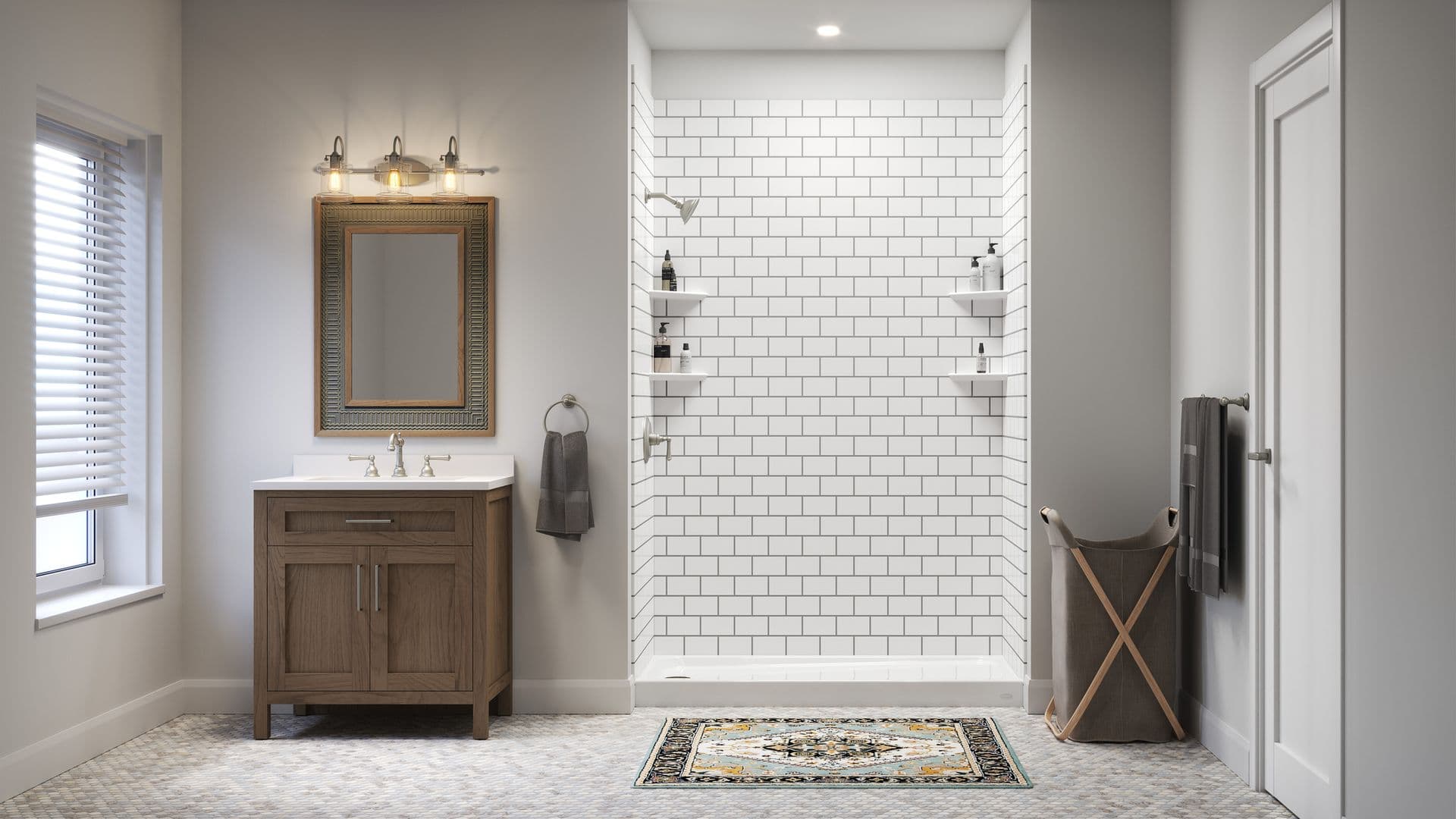 A straight on photo of Subway Textured Grout Alabaster White Shower Pan