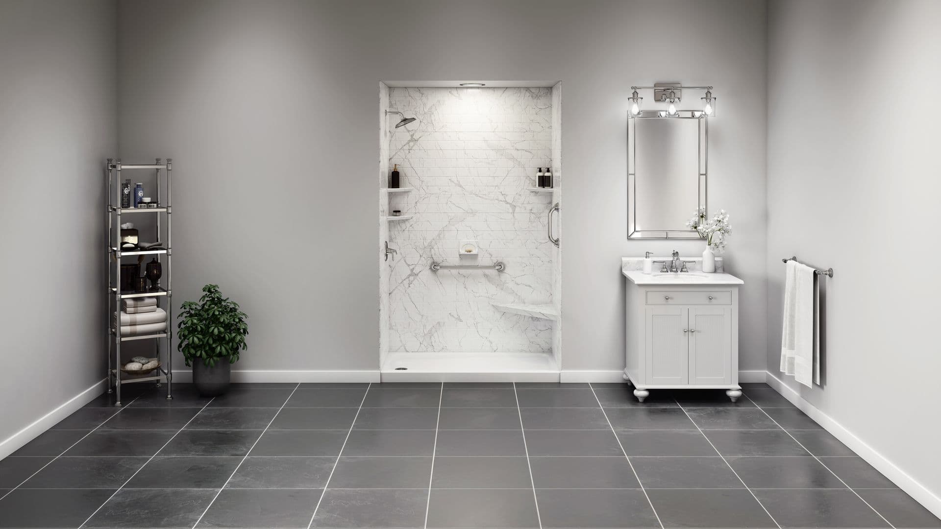 A wide shot of a gray bathroom with a Subway Glacier Marble Walls shower with an Alabaster White Shower Pan.